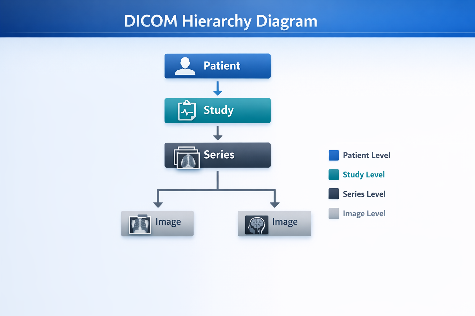 DICOM data hierarchy diagram - Patient, Study, Series and Instance levels and their metadata relationships